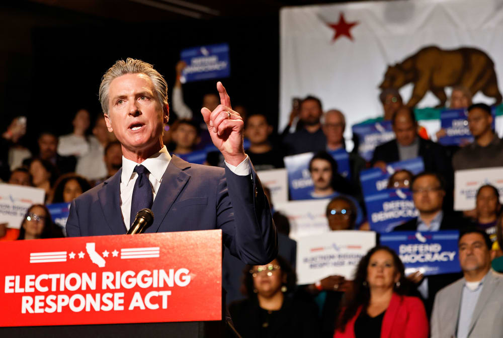 California Governor Gavin Newsom speaks about the “Election Rigging Response Act” in Los Angeles.