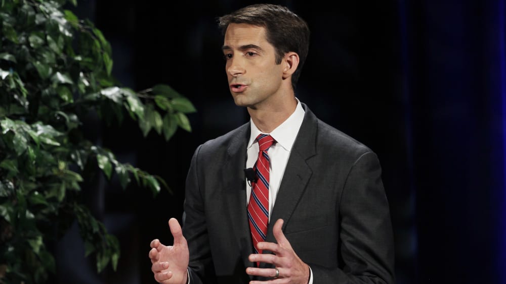 U.S. Rep. Tom Cotton speaks during a televised debate at the University of Arkansas in Fayetteville, Ark. on Oct. 14, 2014.