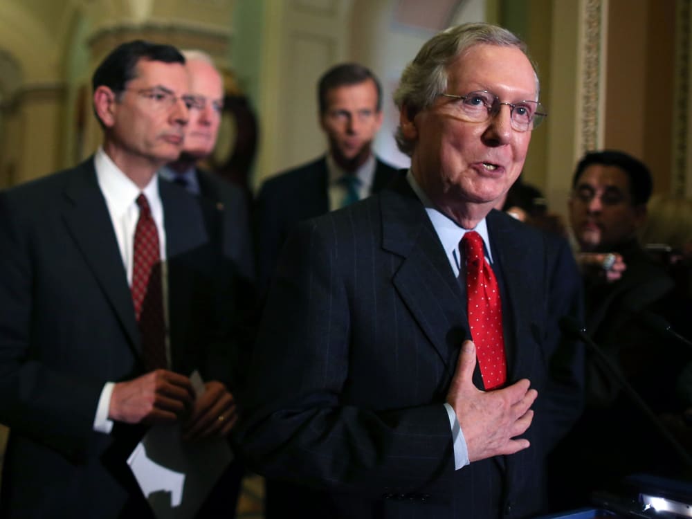File Photo: Senate Minority Leader Sen. Mitch McConnell (R-KY) (R), speaks to the media while flanked by Sen. John Barrasso (R-WY) (L), Senate Minority Whip Sen. John Cornyn (R-TX) (2nd-L), and Sen. John Thune (R-SD) after the weekly Senate Republican...