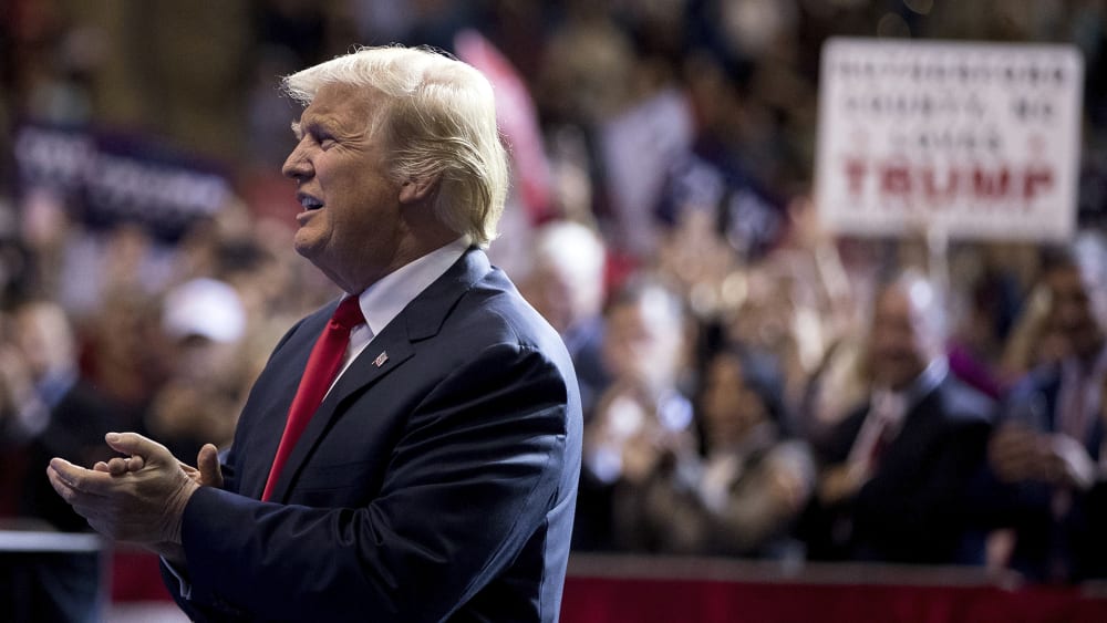 President-elect Donald Trump arrives at a rally at the Crown Coliseum in Fayetteville, N.C., Dec. 6, 2016. (Photo by Andrew Harnik/AP)