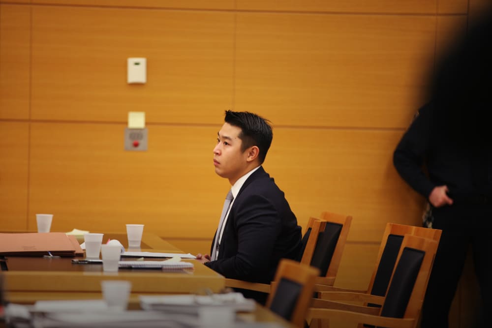 New York City police officer Peter Liang sits in court as testimony is read back for jurors during deliberations in his trial in Brooklyn Supreme Court Feb. 10, 2016 in New York City. (Photo by Byron Smith/Pool/Getty)