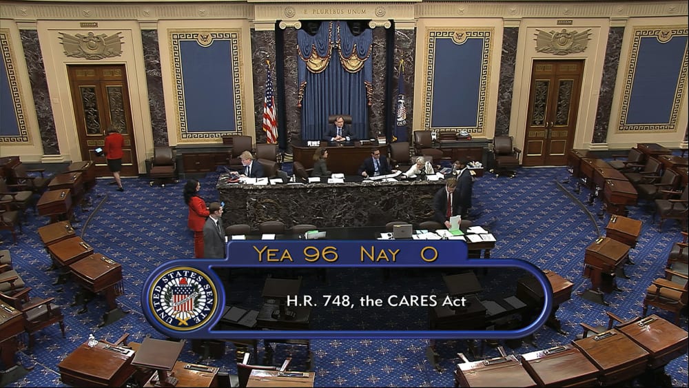 Image: The final vote of 96-0 shows passage of the $2.2 trillion economic rescue package in response to coronavirus pandemic, passed by the Senate at the U.S. Capitol