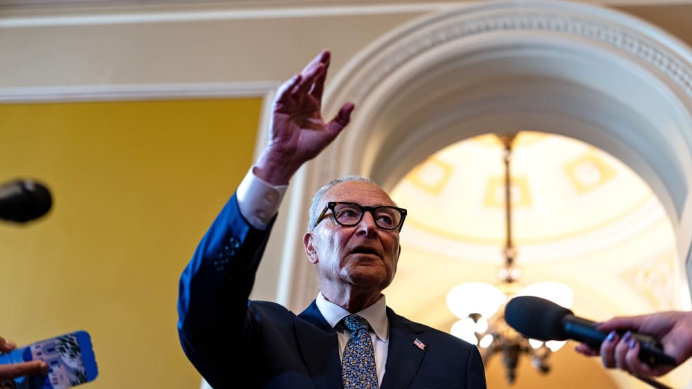 Chuck Schumer outside of the Senate Chamber at the U.S. Capitol.
