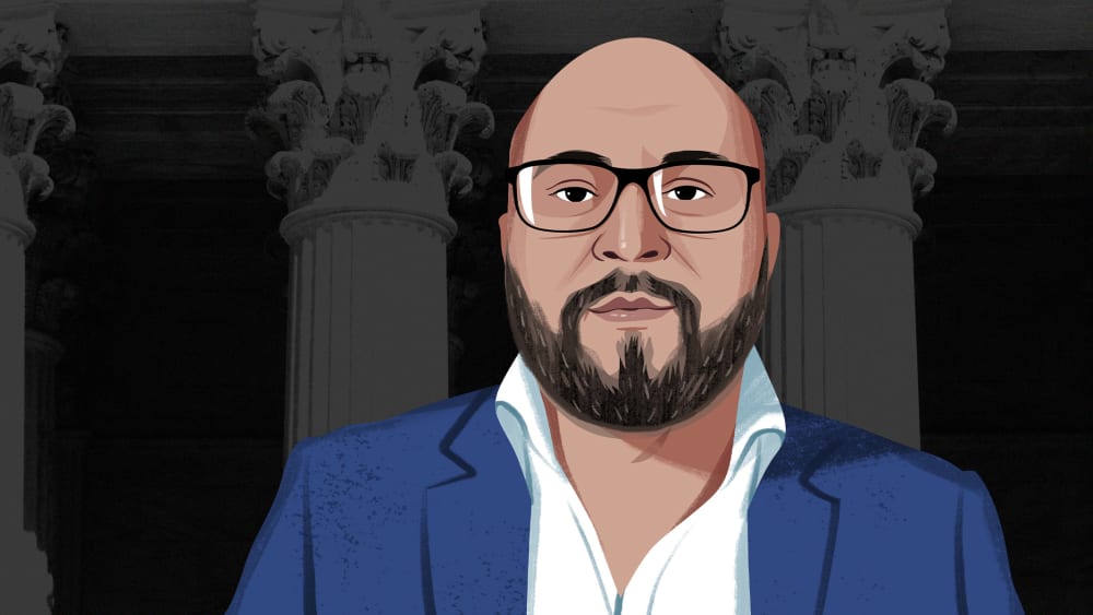Jordan Rubin, illustrated, with the Supreme Court columns.