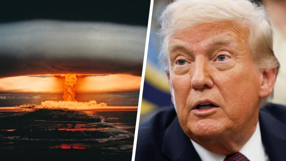 Nuclear explosion and atomic mushroom cloud; Donald Trump.