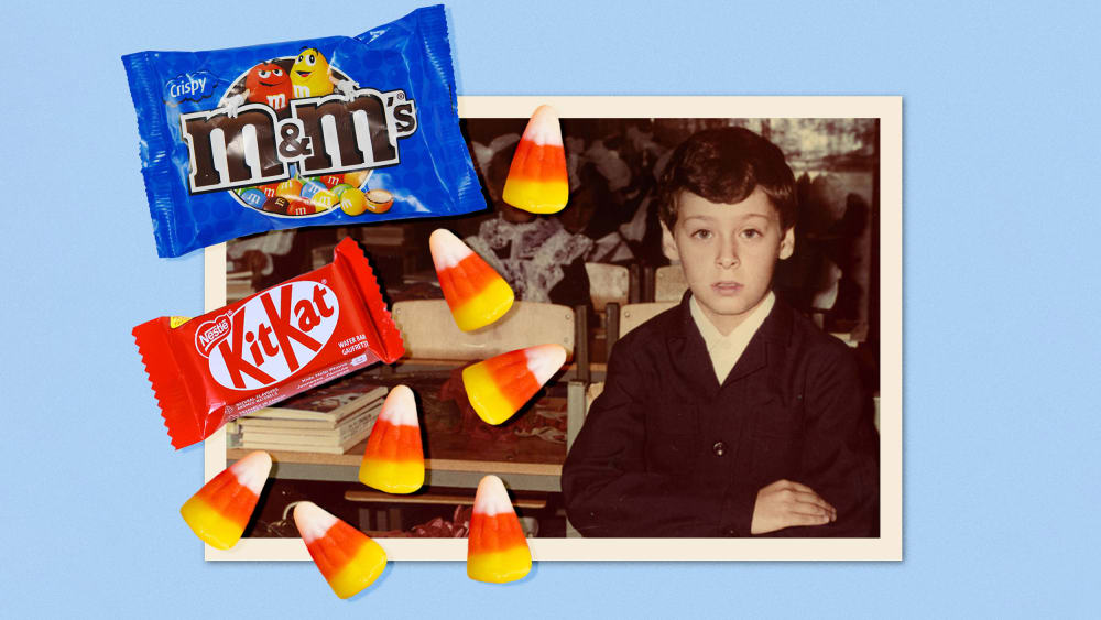 A photo illustration of a photograph of the author overlayed with Halloween candy.