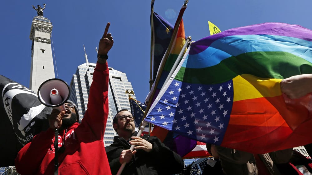 Demonstrators protest a controversial religious freedom bill recently signed by Governor Mike Pence, in Indianapolis on March 28, 2015. (Photo by Nate Chute/Reuters)