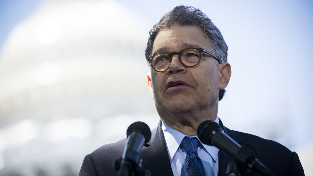 Sen. Al Franken (D-MN) speaks to reporters at a news conference outside the Capitol on June 9, 2016 in Washington, D.C. (Photo by Gabriella Demczuk/Getty)