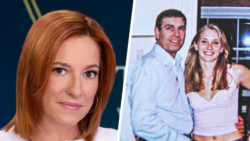 Jen Psaki; A photo of Prince Andrew, Virginia Roberts Giuffre, and Ghislaine Maxwell in Virginia Roberts Giuffre's memoir "Nobody's Girl."