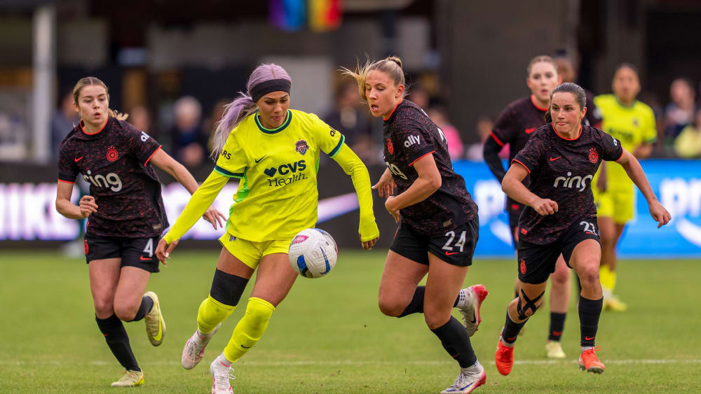 Trinity Rodman, second from left, of the Washington Spirit during a game against Portland Thorns FC in Washington, D.C.