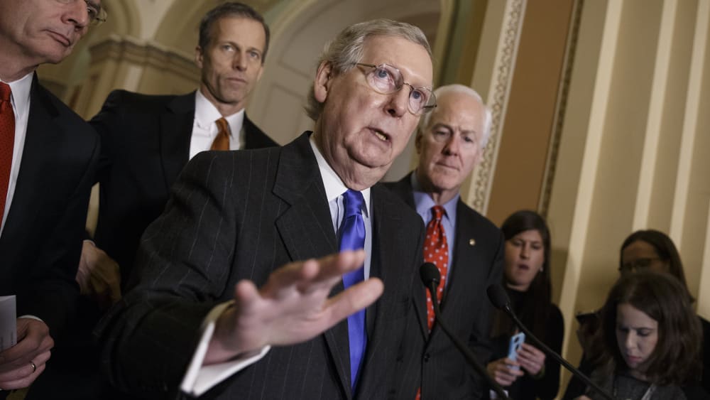 Senate Majority Leader Mitch McConnell during a news conference on Capitol Hill in Washington on Feb. 10, 2015. (Photo by J. Scott Applewhite/AP)