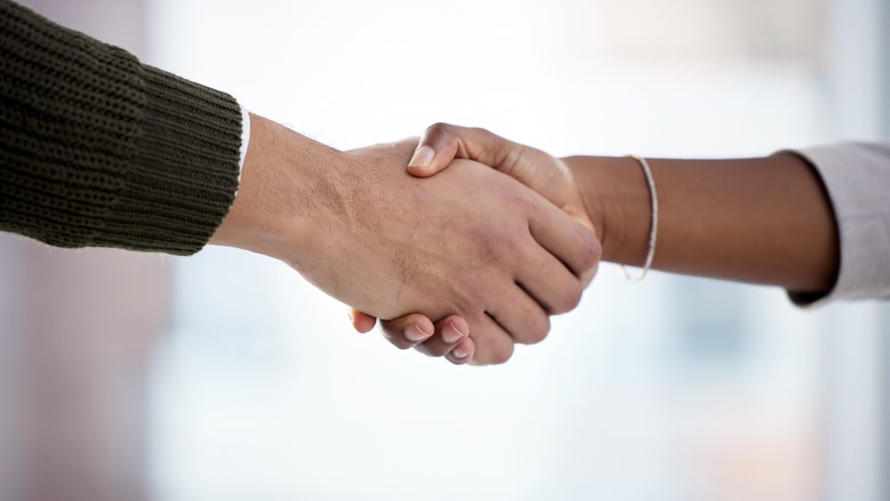 Closeup shot of two businesspeople shaking hands in an office.