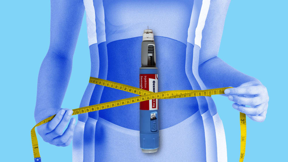 An Ozempic needle overlayed on a woman