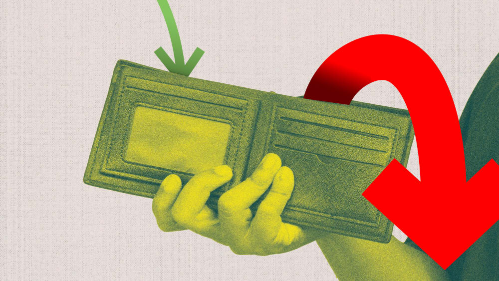 An empty wallet with a small arrow going in, and a larger arrow coming out