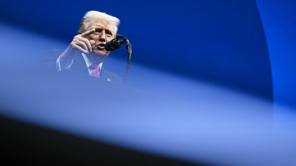 US President Donald Trump delivering remarks.