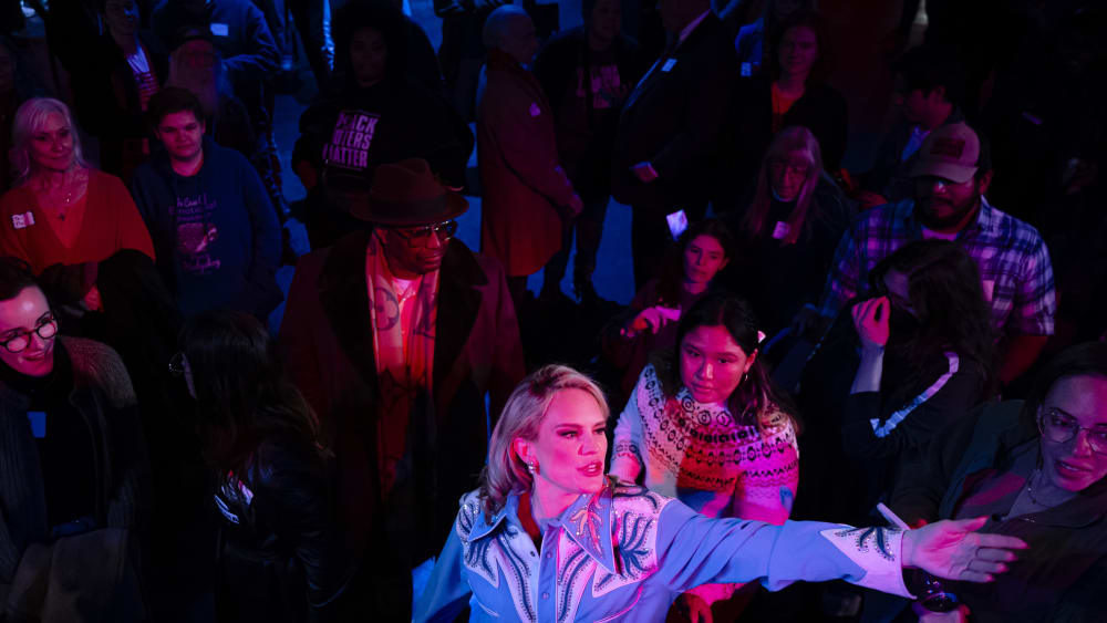 Democrat Aftyn Behn interacts with supporters after delivering her concession speech at an election-night watch party at Marathon Music Works on Dec. 2, 2025 in Nashville, TN.