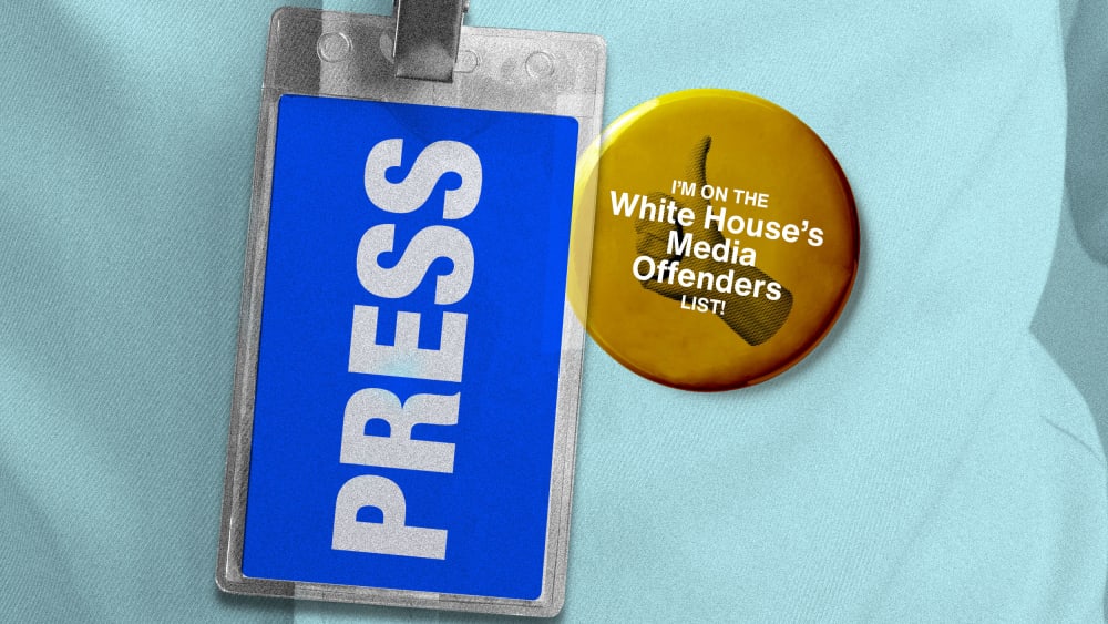 A press pass seen beside a button with a thumb's up that says "I'm on the White House Media Offender's List"