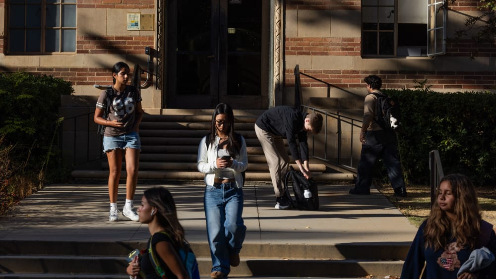 Students walk around the UCLA campus in Los Angeles.