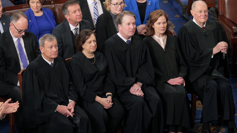 Chief Justice of the Supreme Court John Roberts, Justice Elena Kagan, Justice Brett Kavanaugh, Justice Amy Coney Barrett, and retired Justice Anthony Kennedy on March 4, 2025, at the U.S. Capitol.