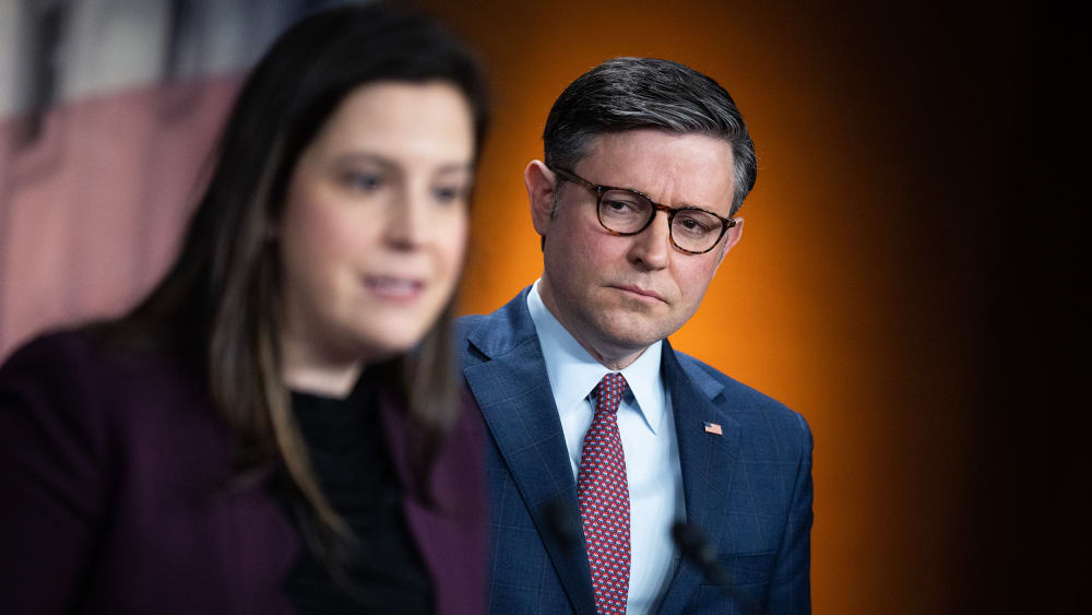 Rep. Elise Stefanik and Speaker of the House Mike Johnson conduct a news conference in the Capitol Visitor Center on January 30, 2024.
