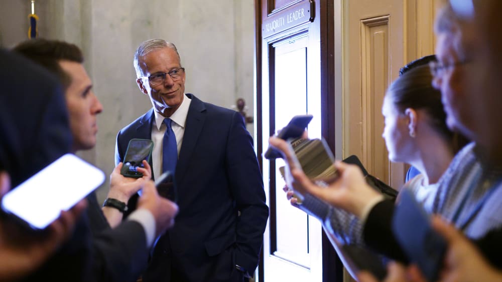 Senate Majority Leader John Thune speaks to members of the press on June 2, 2025 in Washington, D.C.