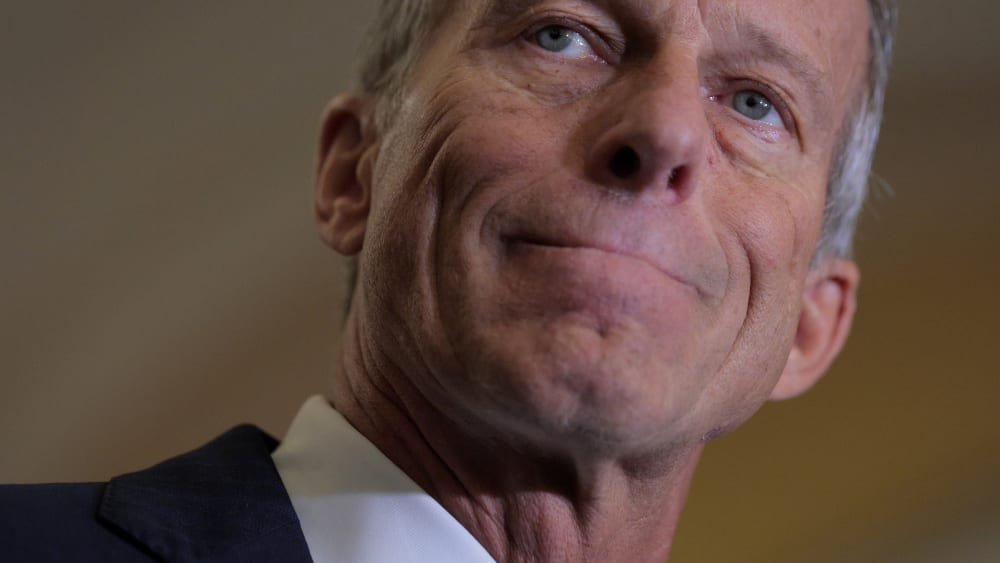 Senate Majority Leader John Thune (R-SD) speaks to reporters