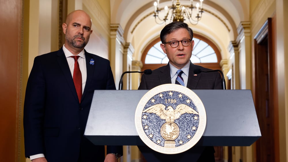 Israeli Speaker of the Knesset Amir Ohana and Speaker of the House Mike Johnson at the Capitol on Feb. 6, 2024.