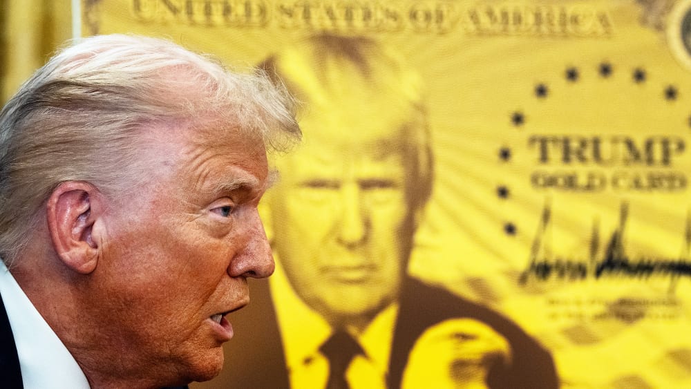 A profiled view of President Donald Trump in front of a poster of the "Trump Gold Card."