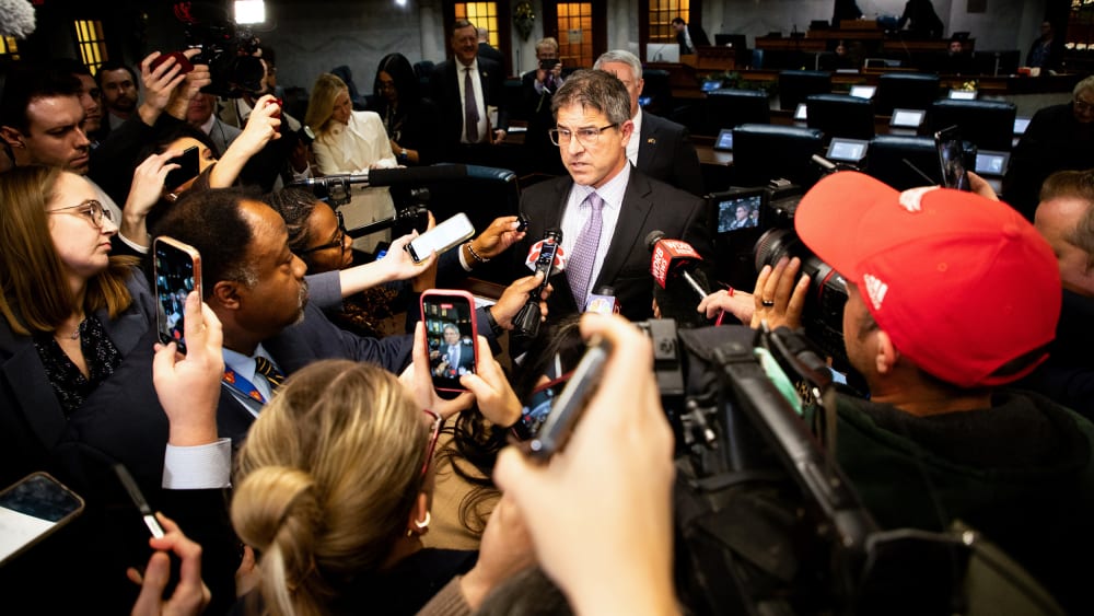 State Senator Rodric Bray speaks to members of the media at the Indiana Statehouse in Indianapolis, Ind.