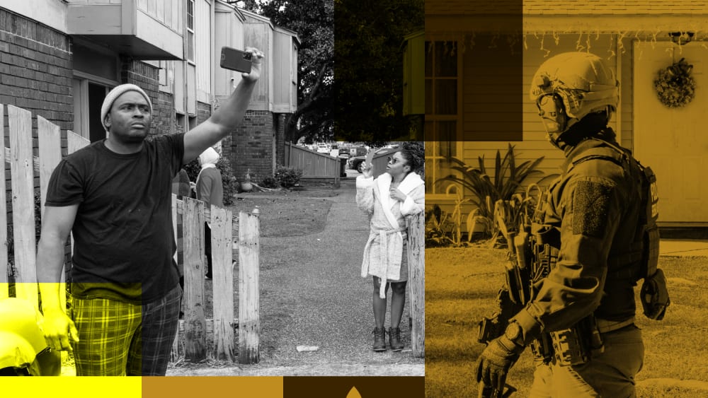 A collage of New Orleans residents filming and an federal officer