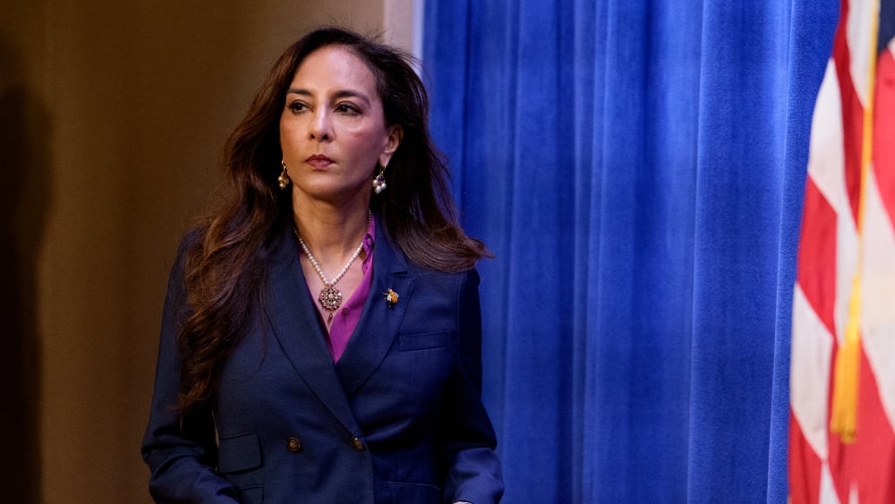 Assistant Attorney General for Civil Rights Harmeet Dhillon arrives for a news conference at the Justice Department.