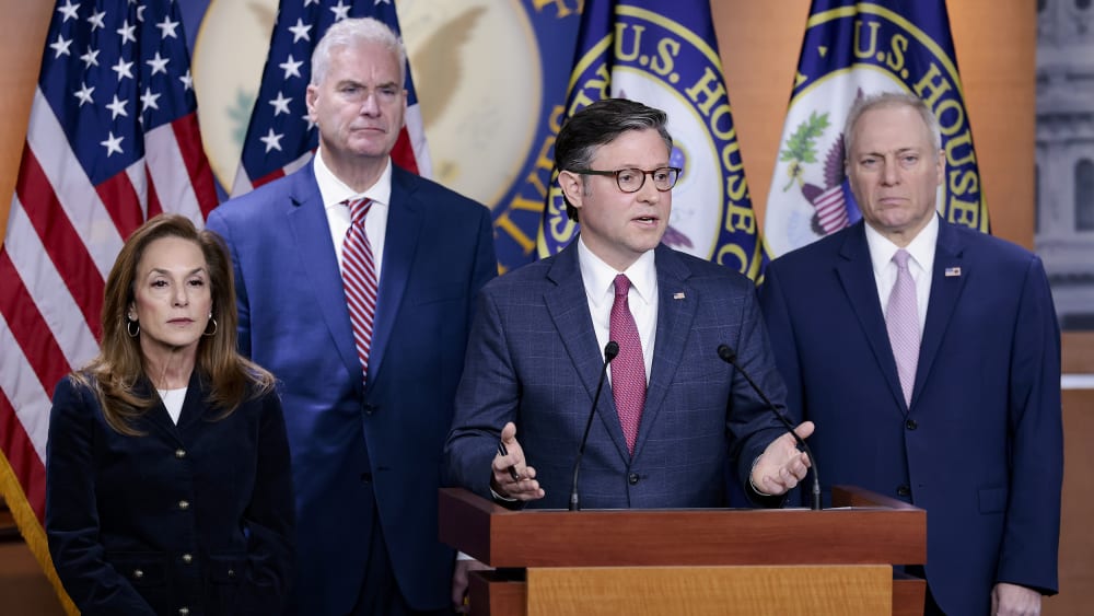 Speaker of the House Mike Johnson discusses affordability at a press conference.