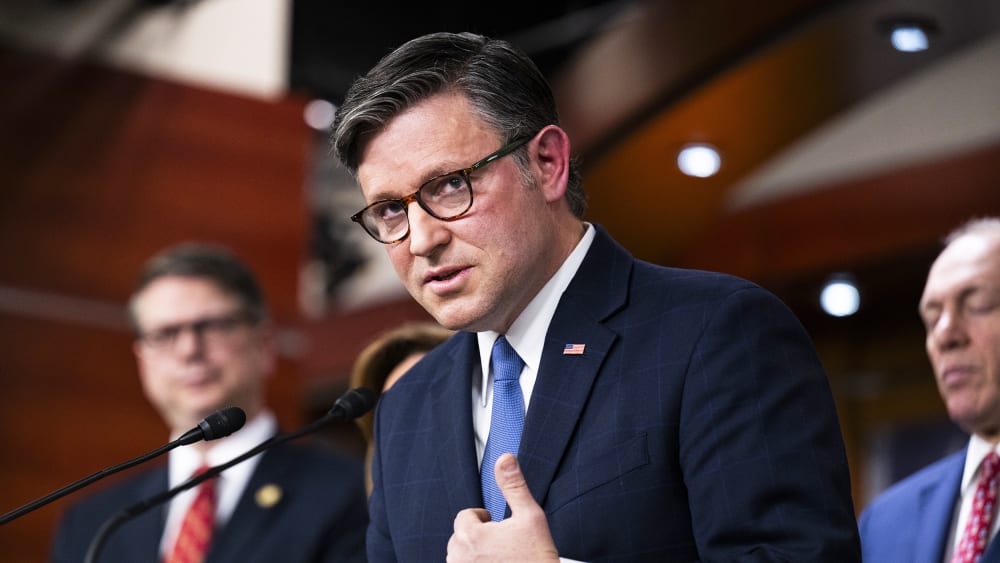 Speaker of the House Mike Johnson speaks during a press conference on Capitol Hill.