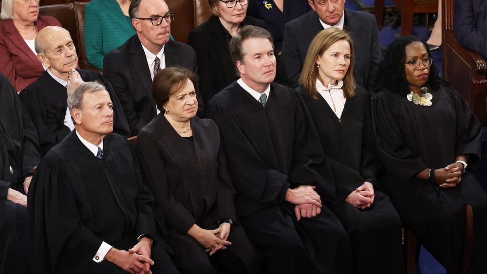 Chief Justice John Roberts and current associate justices Elena Kagan, Brett Kavanaugh, Amy Coney Barrett and Ketanji Brown Jackson.
