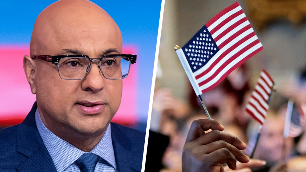 Ali Velshi; Naturalized citizens participate in the Oath Ceremony, waving American flags.