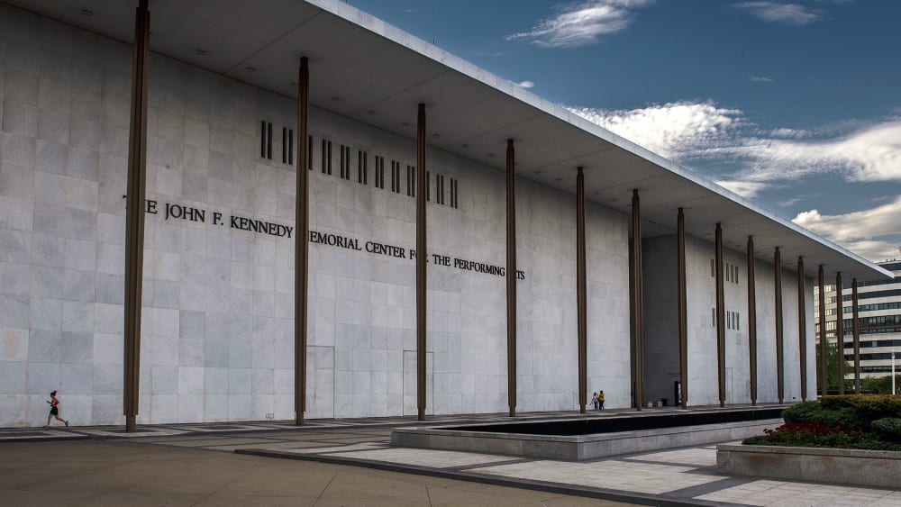 A view of the front of the Kennedy Center in Washington.
