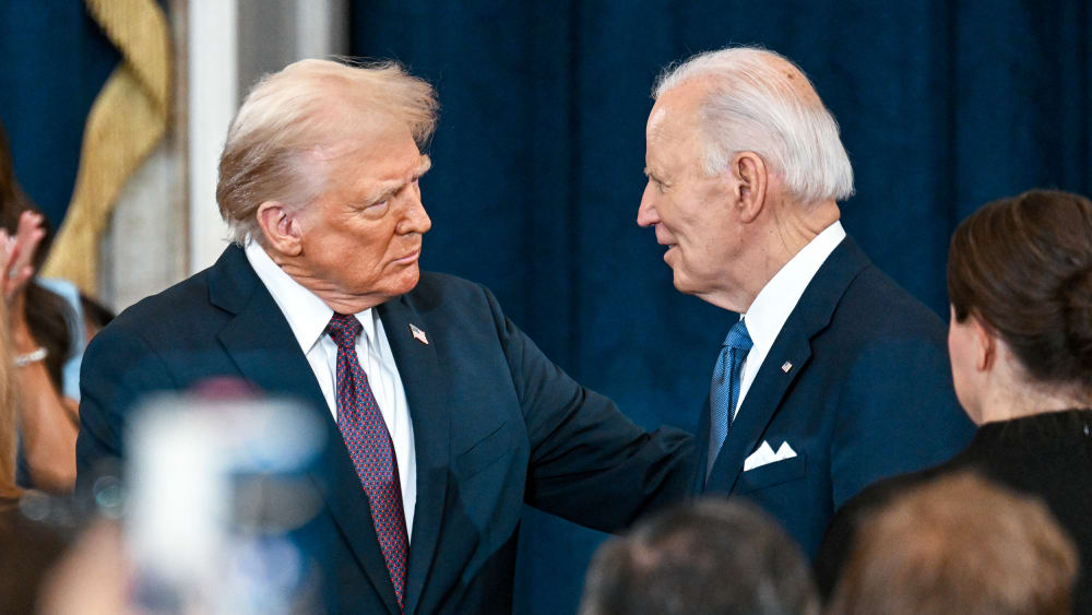 Donald Trump shakes hands with Joe Biden at Trump's inauguration on Jan. 20, 2025 in the U.S. Capitol Rotunda.