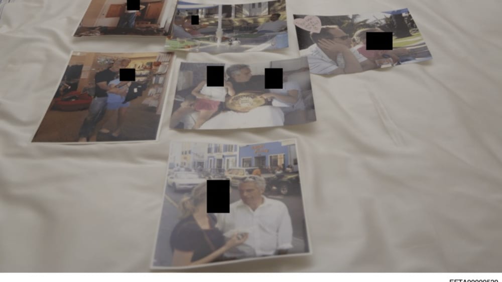 Photos of Jeffrey Epstein with unnamed girls in redacted and undated photos released by the Department of Justice.