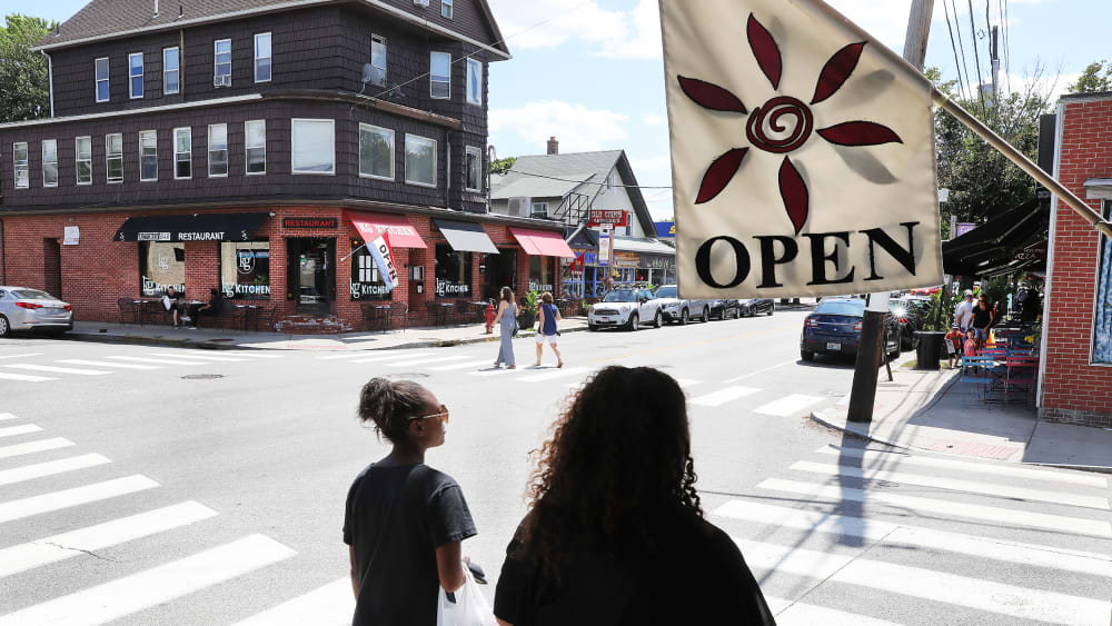 A business district on Hope Street in Providence, RI.