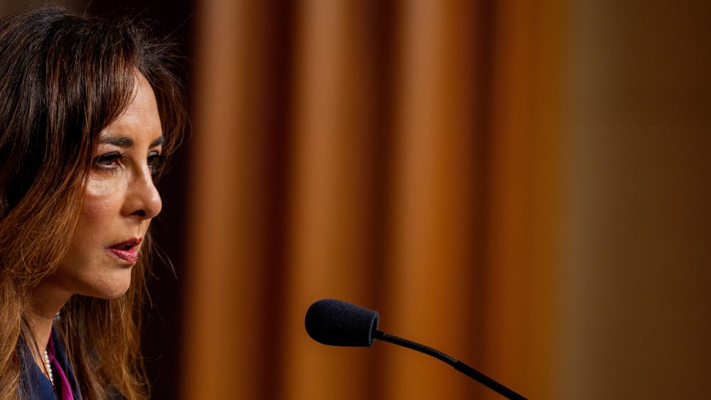 Harmeet Dhillon speaks during a news conference.