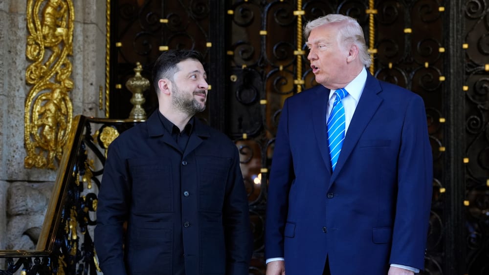 President Donald Trump greets Ukraine's President Volodymyr Zelenskyy.