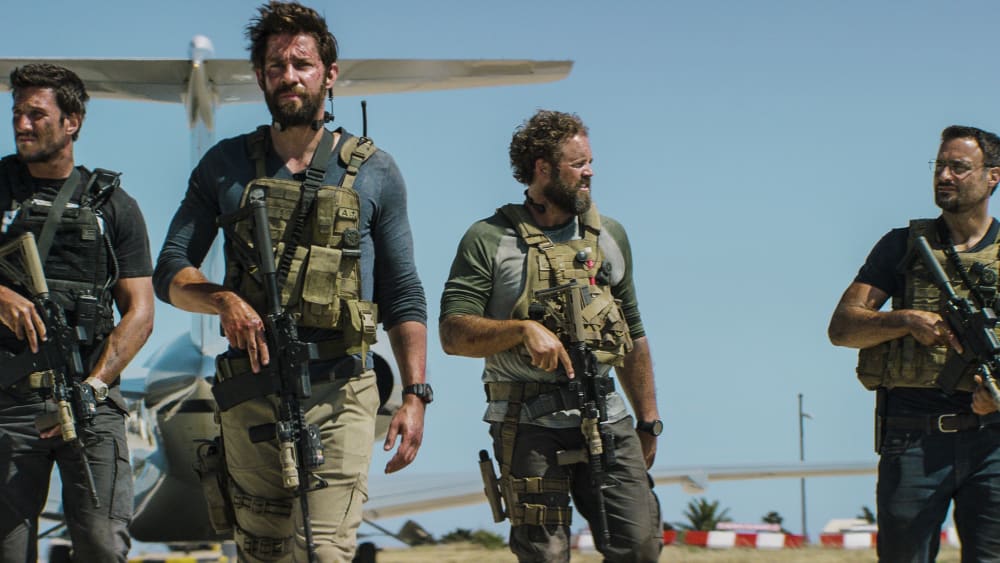 Pablo Schreiber, John Krasinski, David Denman and Dominic Fumusa, in the film, "13 Hours: The Secret Soldiers of Benghazi" from Paramount Pictures and 3 Arts Entertainment/Bay Films. (Photo by Christian Black/Paramount Pictures/AP)