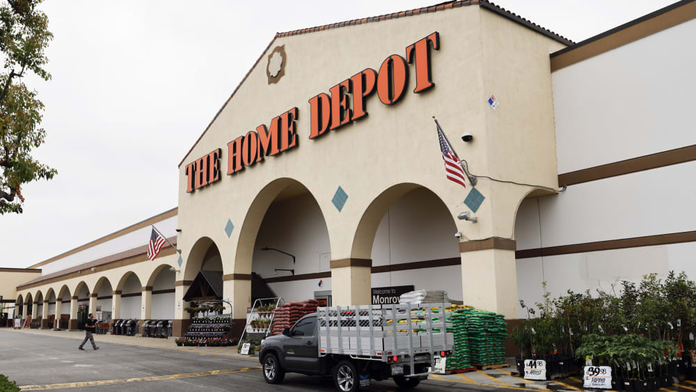 People make their way to the entrance of the Monrovia Home Depot on Aug. 15, 2025 in Monrovia, CA.