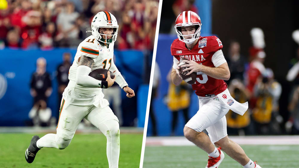 Two photos side by side. On the left, the quarterback of the Miami Hurricanes running to the right holding a football; on the right, the quarterback of the Indiana Hoosiers running to the left holding a football.
