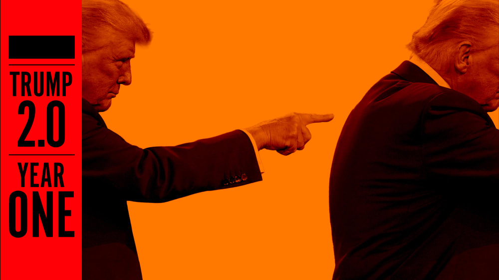 An illustration of Trump pointing at his own back, as the image wraps around the border