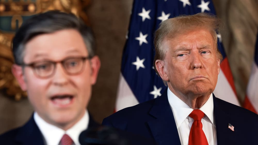 President Donald Trump and Speaker of the House Mike Johnson during a press conference on April 12, 2024, in Palm Beach, FL.