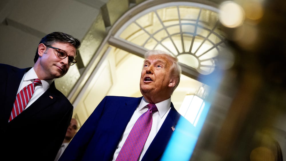President Donald Trump and Speaker of the House Mike Johnson as he arrives for a House Republican meeting at the U.S. Capitol.