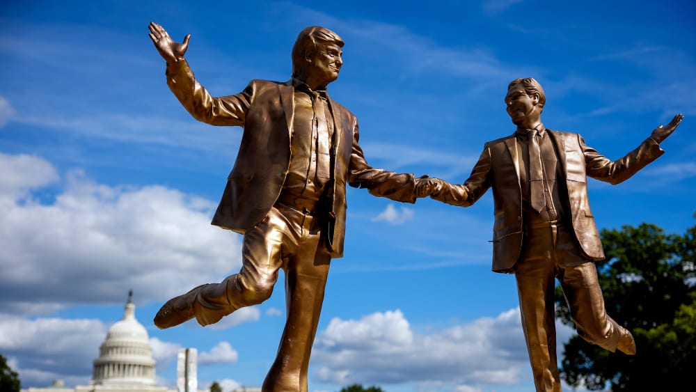 A statue depicting President Donald Trump and Jeffrey Epstein holding hands on the National Mall on Oct. 2, 2025 in Washington, D.C.