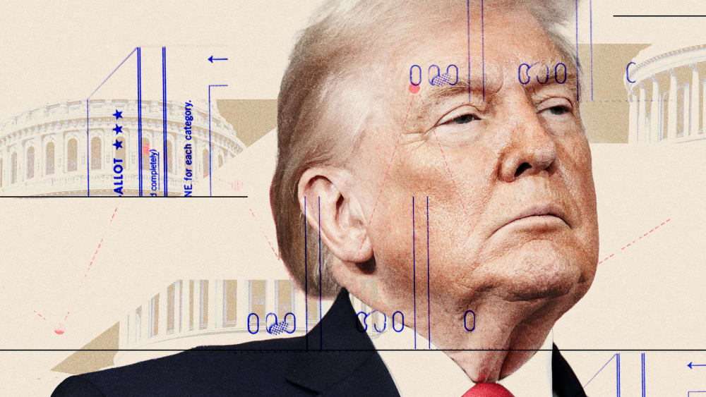 Trump overlaid on a graphic of the Capitol building and ballots.