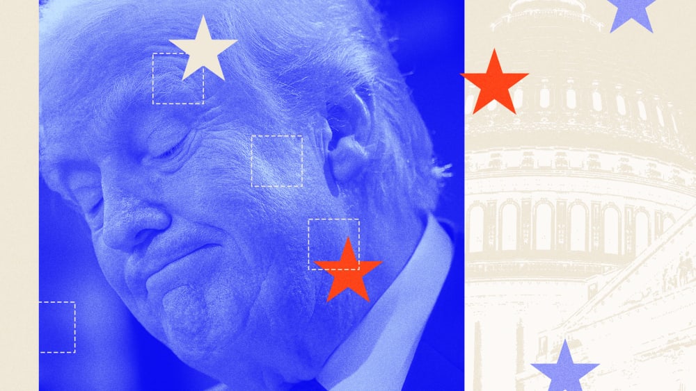 Photoillustration of Donald Trump with a blue overlay, underneath a layer of check boxes and stars.